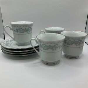 Somerset  Blue, Pink & Green Flowers w/Blue Ribbon Silver Trimmed Cups & Saucers